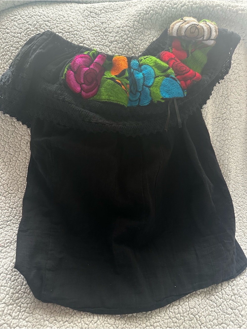 Girls Black Off-Shoulder Camisole with Bright Floral Embroidery